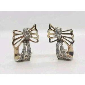 Vintage Earrings Gold Bows & Ribbons Rhinestone Clip Dimensional Holiday Gift